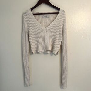 NUDE LUCY Jamie V Neck Knit Cotton Cropped Longsleeve Sweater, Milk- Small